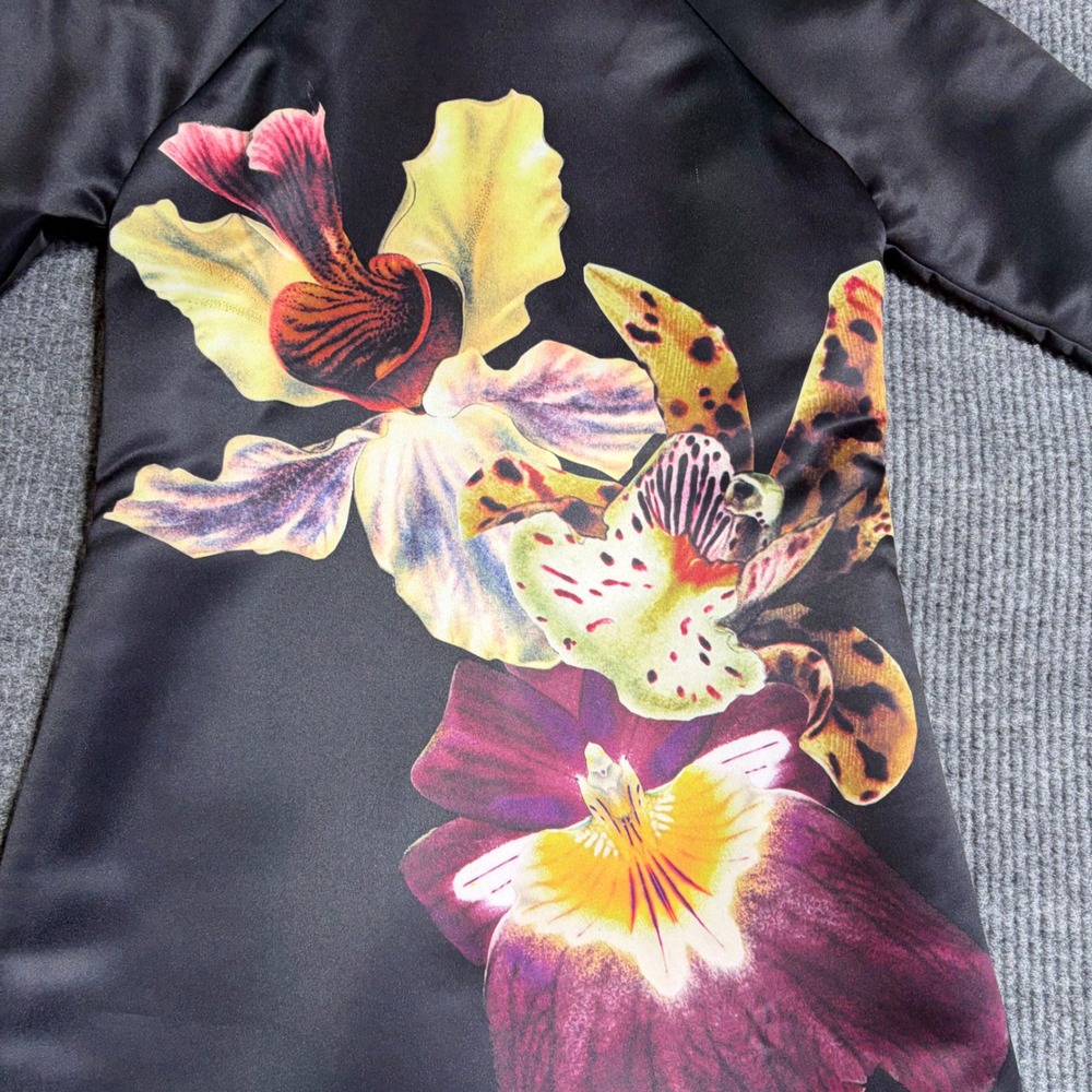 Ted Baker Black Satin Floral Orchid Leopard Print 3/4 Sleeve Shift Dress Size 3 - Picture 5 of 8